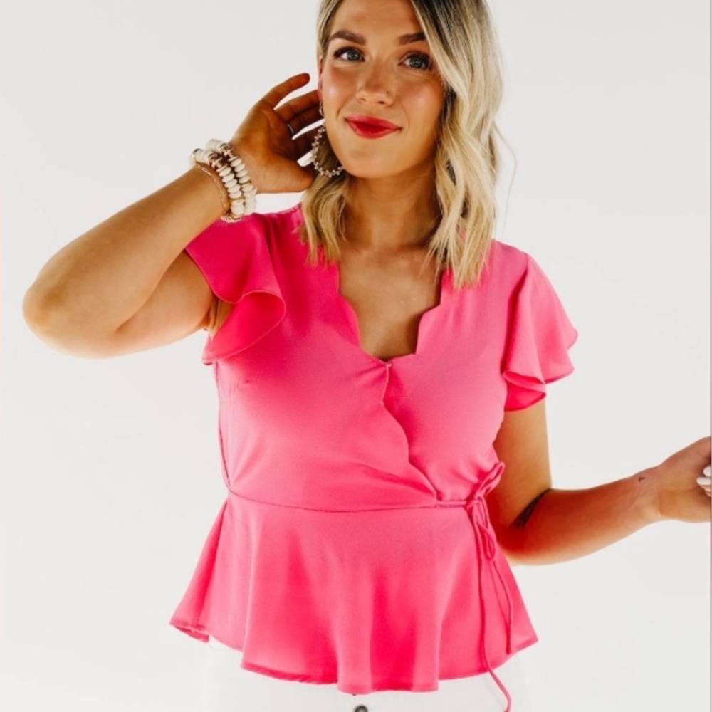 NWOT Pink Ruffle Wrap Top - The Kairo Scalloped V Neck Blouse